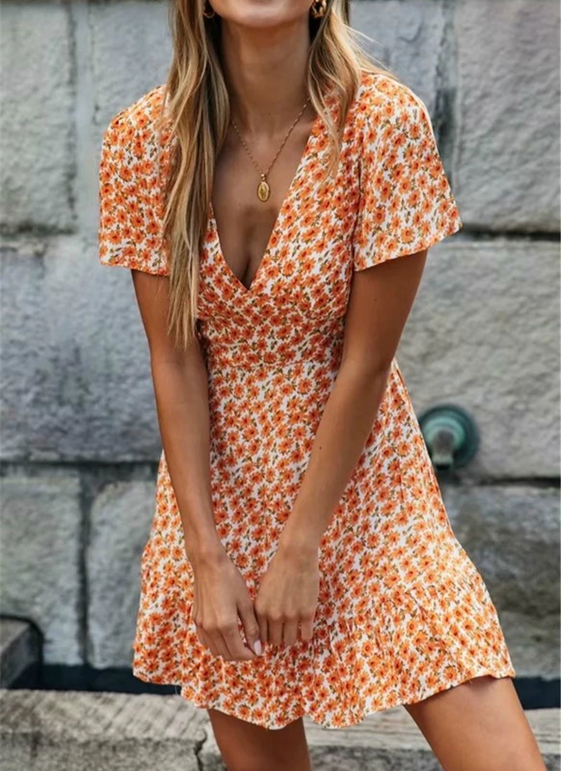 Женское винтажное платье с цветочным принтом желтое богемное мини-платье