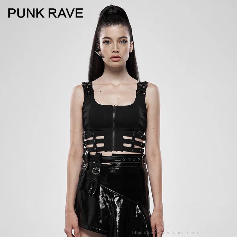 

PUNK RAVE Women's Punk Puppet Futuristic Vest Patent-leather Hollow Out Slim Fit Short Sling Sleeveless Personality Black Tanks