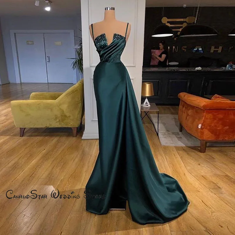 

Couture Hunter Green Spit Mermaid Evening Gowns for Women Spaghetti Beaded Crystal Zipper Back Prom Dress Party Dress vestidos