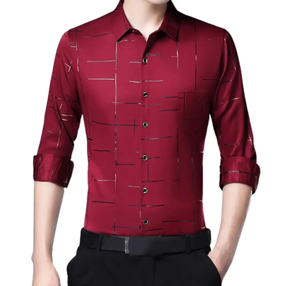 

Men Dress Shirt Autumn Shirt Irregular Stripes Satin Surface Casual Single-breasted Turndown Collar Long Sleeve Shirt Business