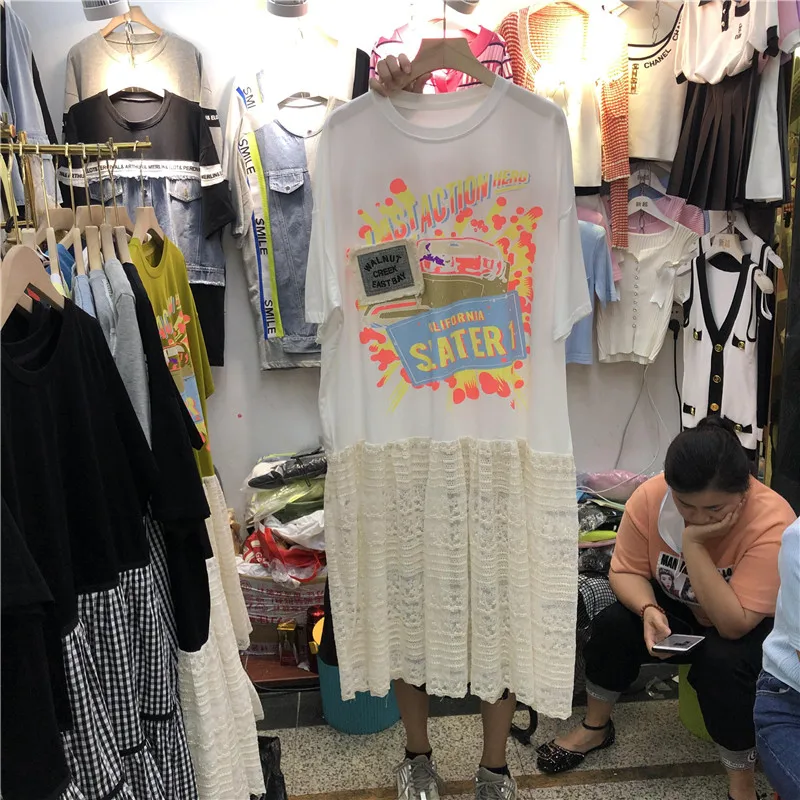 

2021 Summer New Korean Letter Print Patch Loose Short Sleeve Female Maxi Dress Stitching Lace Ruffled Crew Neck Women Dress
