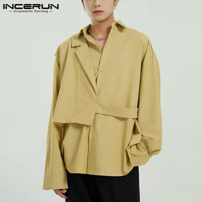 

2022 Men Shirt Solid Color Lapel Long Sleeve Streetwear Personality Fashion Irregular Shirts Button Casual Camisas S-5XL INCERUN