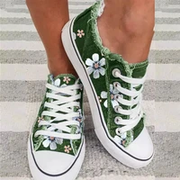 women floral sneakers 2021 all season classic retro ladies denim fabric lace up casual canvas shoes outdoor large sized flats
