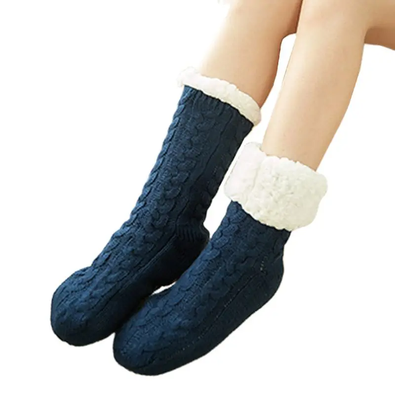 

Women Winter Warm Twist Cable Knit Fuzzy Plush Lined Slipper Socks with Grippers X5XD