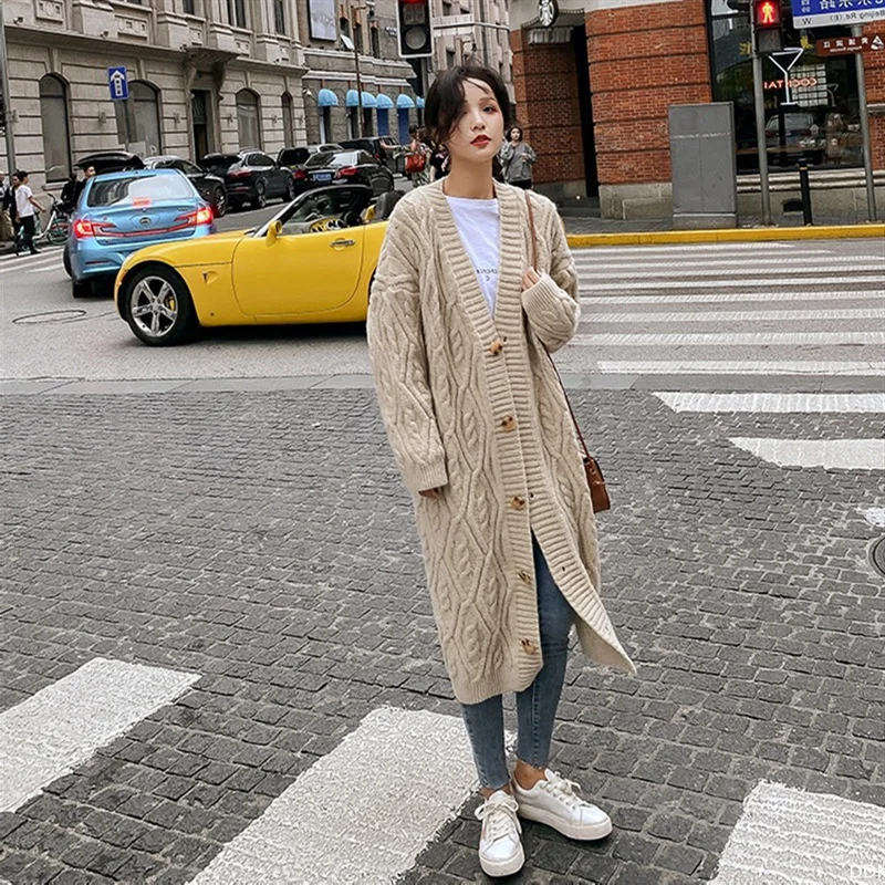 

Кардиган женский вязаный однотонный, повседневный свободный элегантный длинный кардиган в Корейском стиле, с V-образным вырезом, в винтажно...