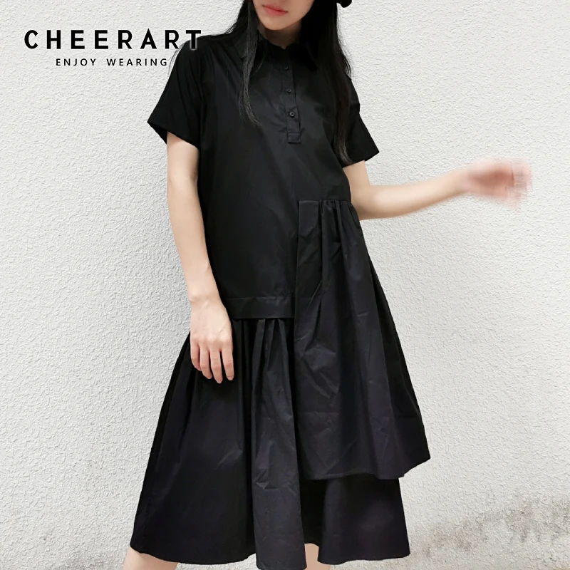 Женское асимметричное платье с рюшами Cheerart черное синее рубашка длинными