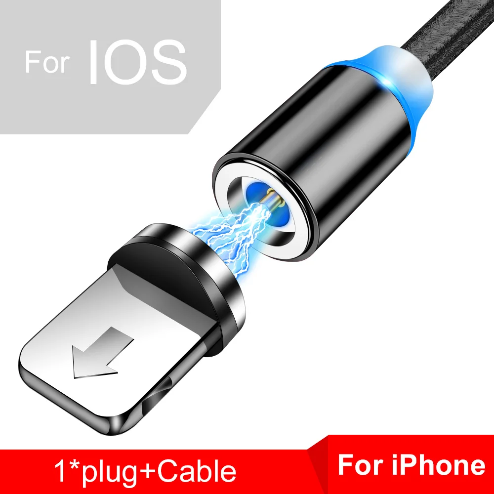 Магнитный usb-кабель Tisluo/Micro USB/type-C для iPhone X Xs Max светодиодный 1 м магнитное зарядное устройство для samsung s10 Xiaomi Pocophone USB C - Цвет: For ios usb black