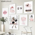 Модная женская настенная Картина на холсте с изображением девушек, постер с изображением губ и розовых цветов для макияжа, книга с духами, современный Декор для дома и комнаты
