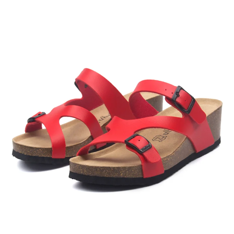 

New Roman Style Cork Platform Open Toe Sandals 2022 Summer Leather Print Women Casual Beach Slides 5cm Wedges Mid Heel Slippers