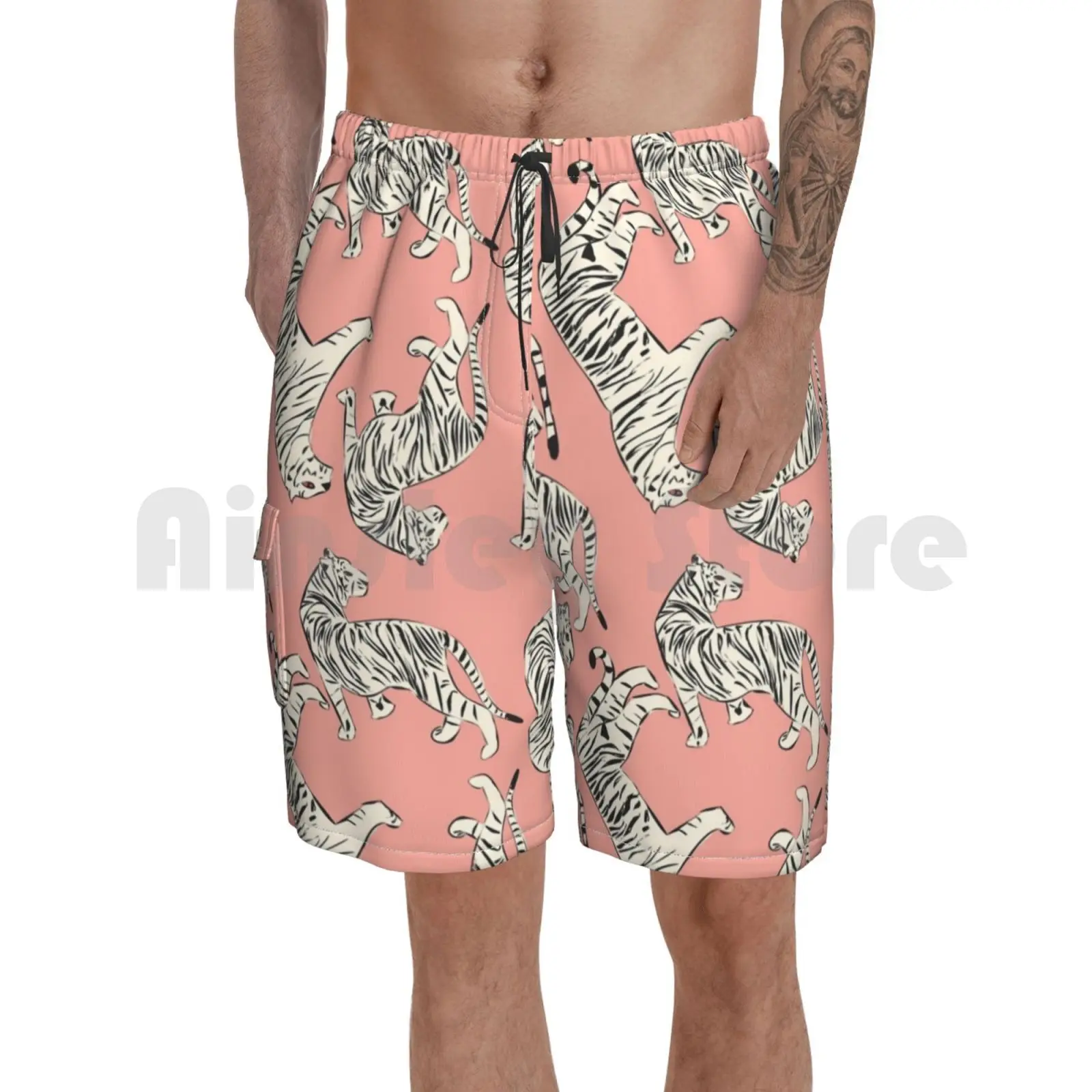 

Пляжные шорты розовый тигр узор 006 Тигр бесшовный узор большой Кот ручной работы вектор