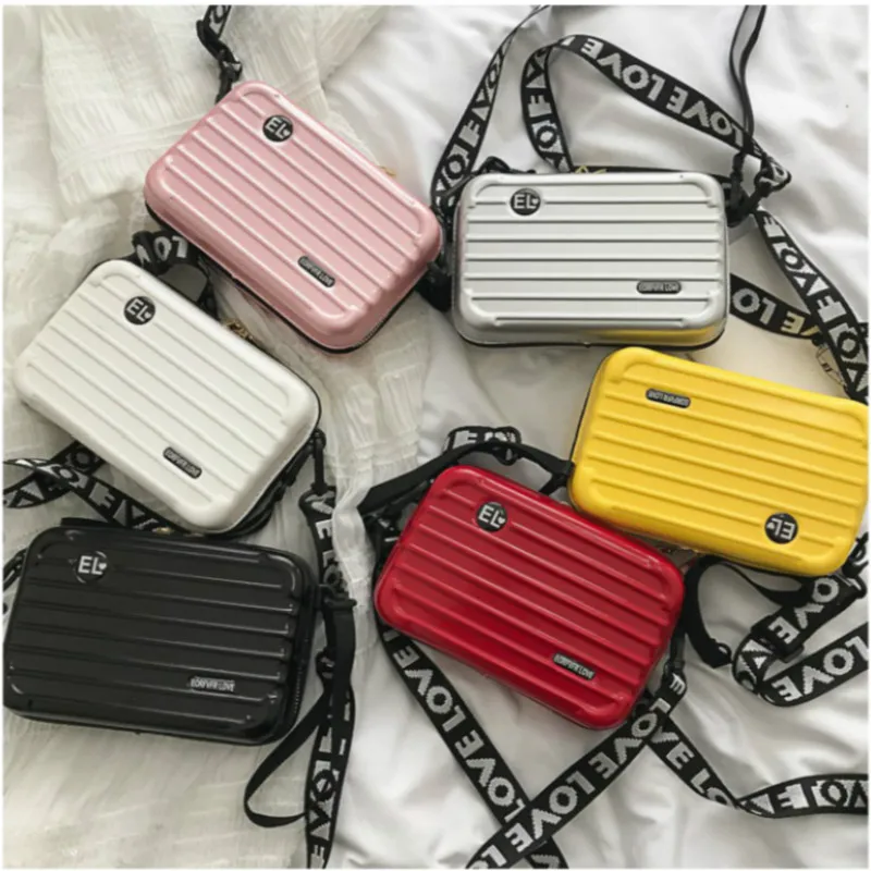 

Women Mini Suitcase Shape Crossbody Bag Fashion High Quality Small Shoulder Bag with Wide Letter Strap Girl Clutch Handbag