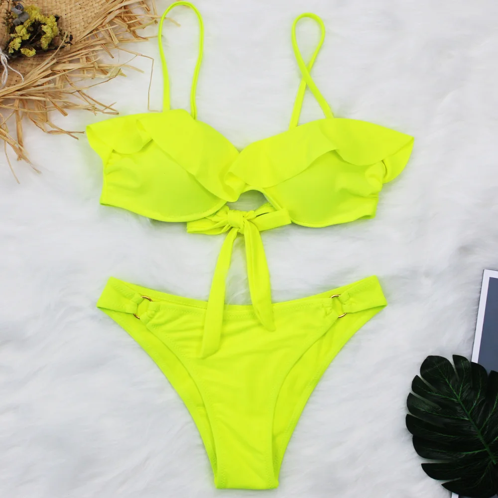 Купальник Gossina женский с оборками комплект бикини пикантные желтые летние