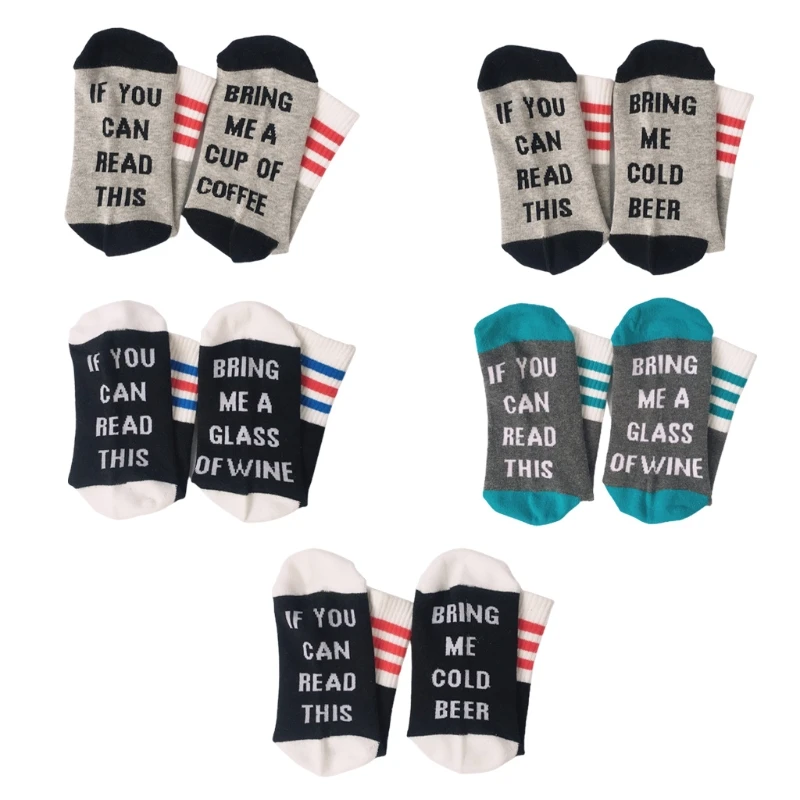 

Men Women Novelty Funny Sayings Crew Socks If You Can Read This Bring Me Coffee Cold Beer Wine Letters Striped Hosiery