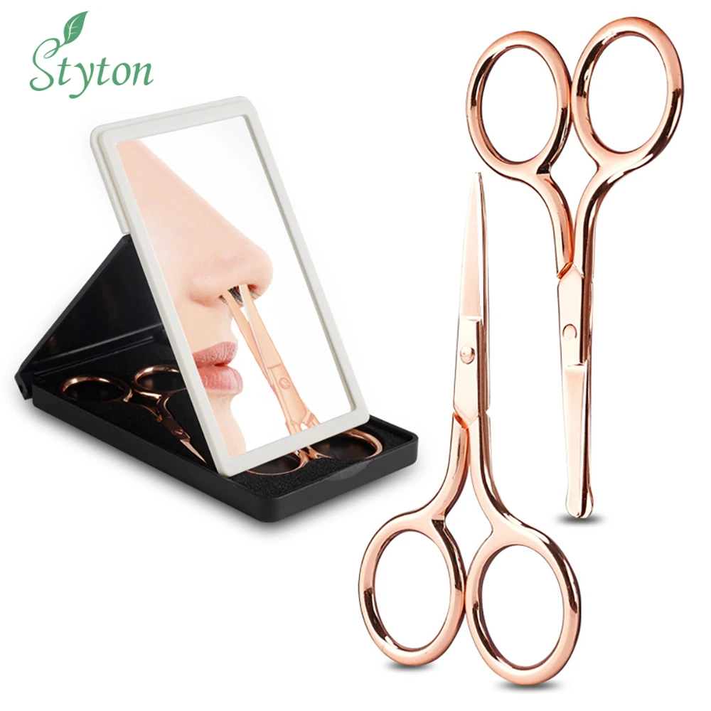 

2PCS Eyebrow Scissor Trimmer Epilator Rounded Stainles Steel Nose Hair Eyelashes Clippers Trimming Cutter With Makeup Mirror