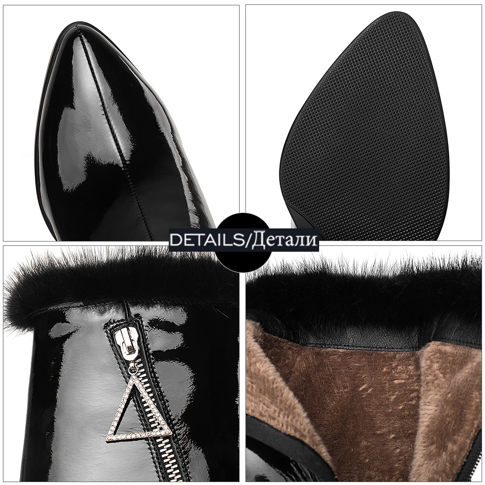 

ISNOM Women Genuine Leather Ankle Boots Side Zip Skid Proof Metal Decor Boots Thick High Heel Warm Short Plush Winter Boots 2020