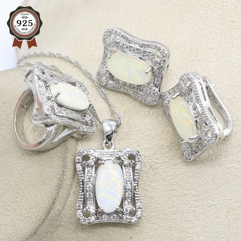 Комплект из колье и серёг серебра 925 пробы с белым опалом|Ювелирные наборы| |