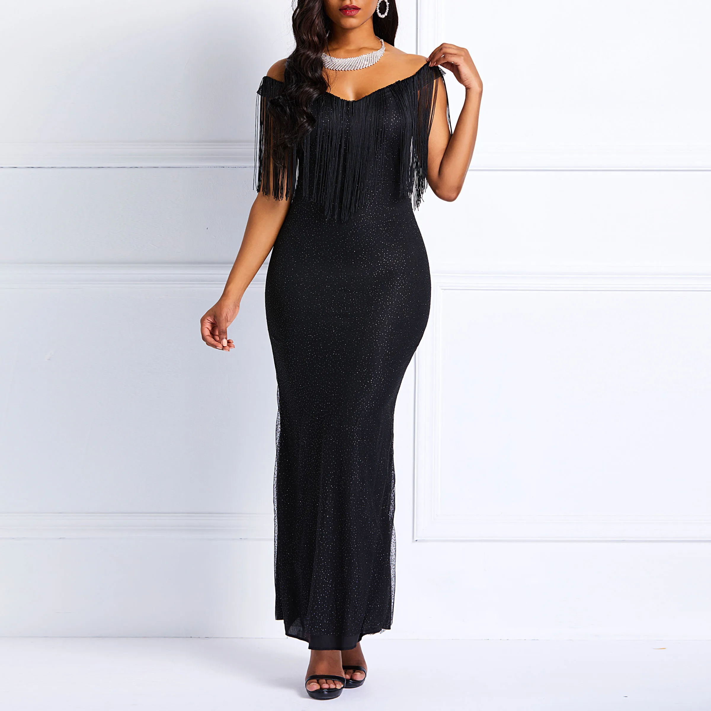 Sequins Mermaid Dress Off Shoulder Tassel Sleeve Skinny Slash Neck Elegant Bodycon Sexy Stylish Prom Evening Black Long Dresses | Свадьбы и