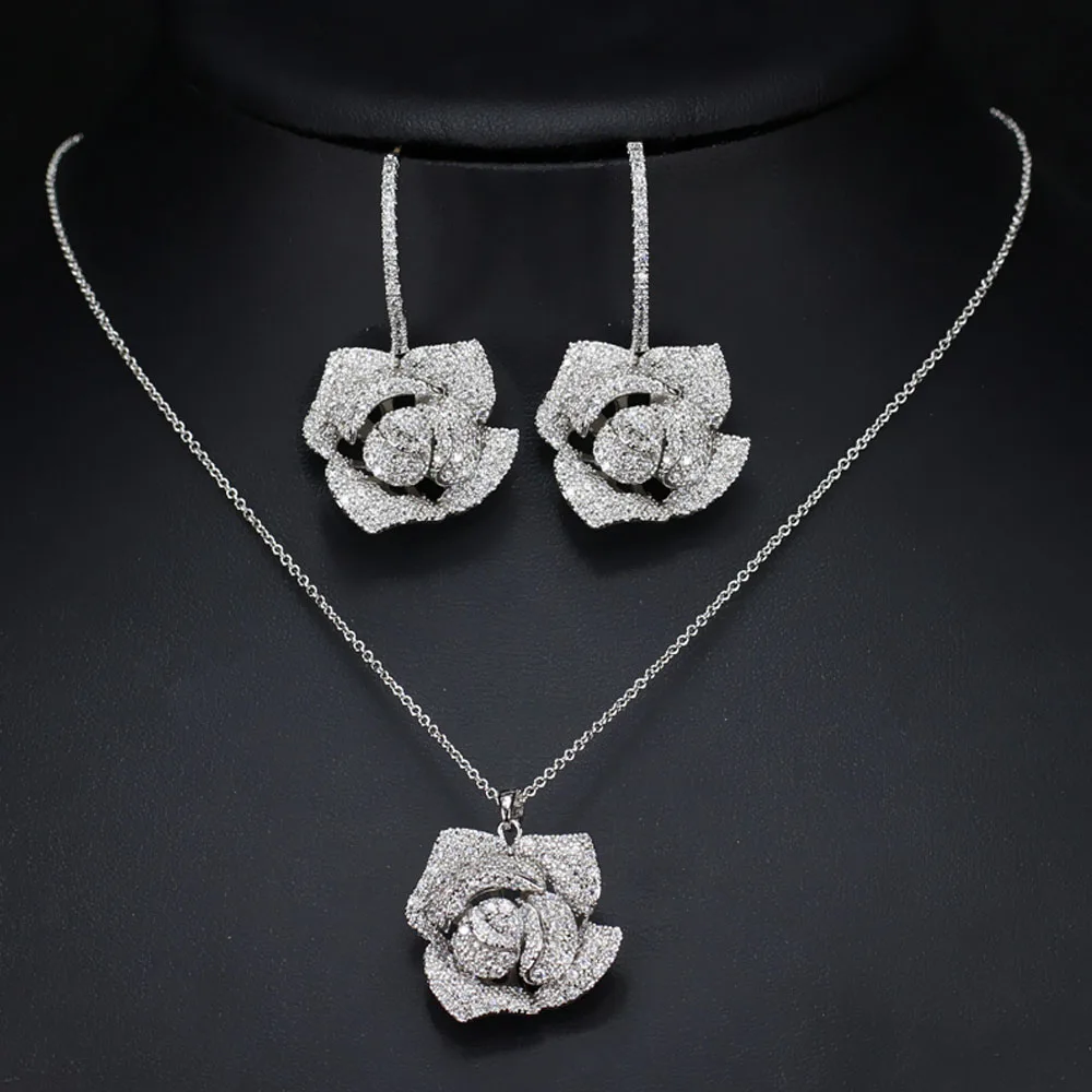ThreeGraces, модные ювелирные изделия для свадебной вечеринки, кубический циркон, микро проложенный большой висячий цветок розы, серьги, ожерелье, наборы для женщин JS096 - Окраска металла: as photo