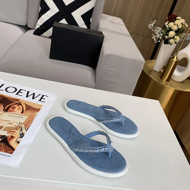 

Summer Metal Chain Denim Non-slip Flat Slippers New Casual Versatile Comfortable and Soft Beach Flip Flops