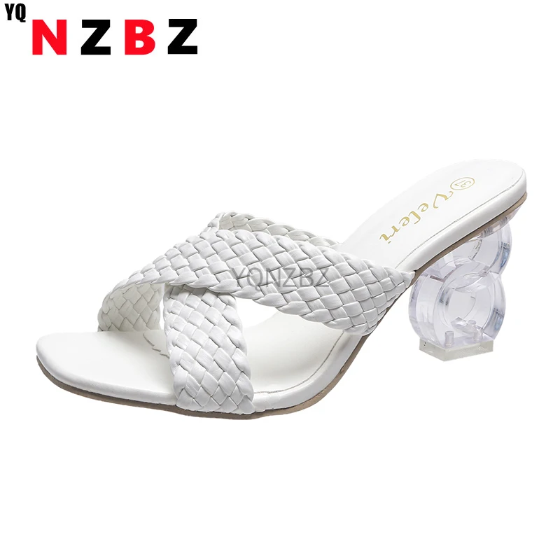 

New Square High Heels Slippers Summer Women Square Toe Sandals Ladies Pu Leather Plaid Outside Female Fashion Woman Shoes Mules