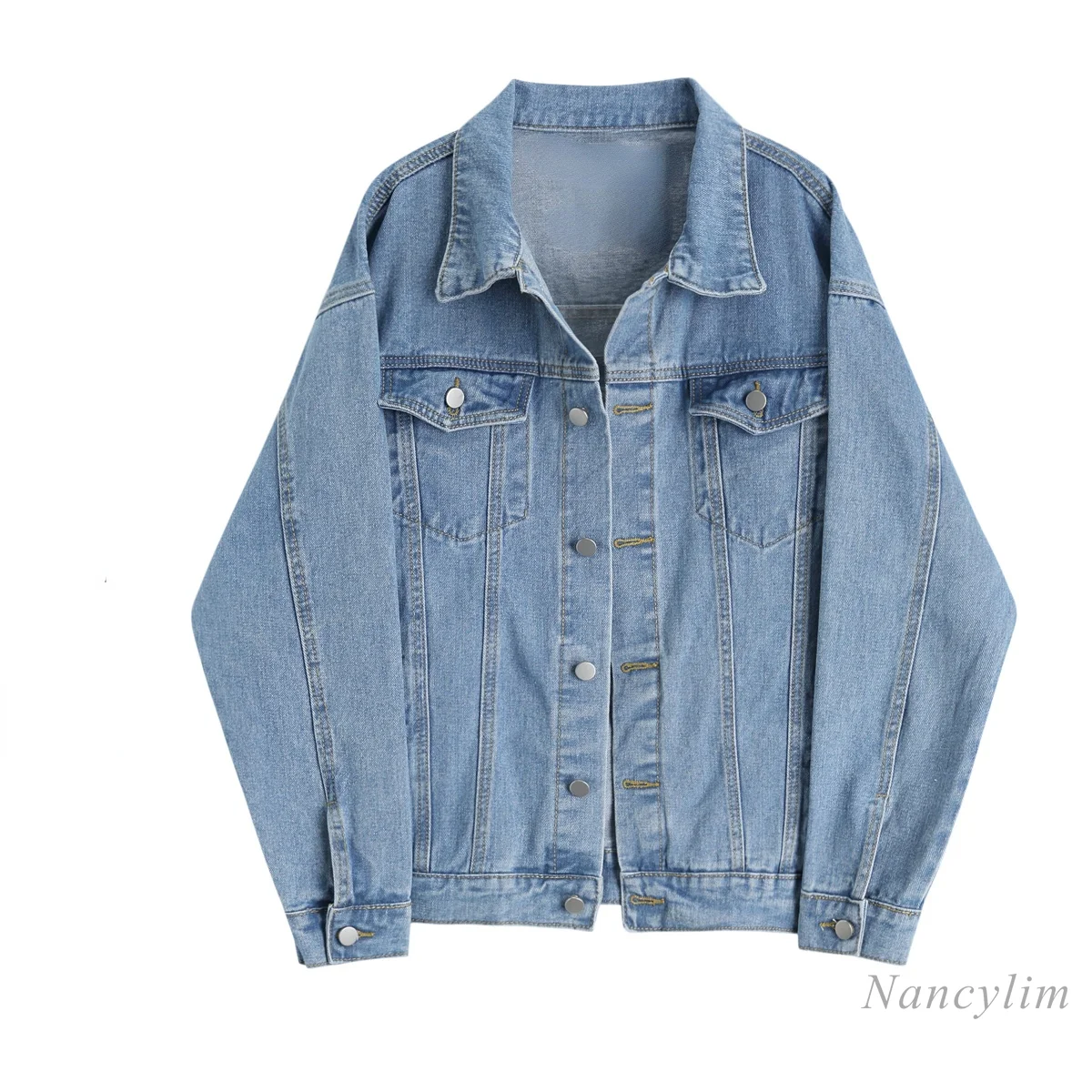 

Loose Denim Jacket for Women Spring Autumn BF Style Lapel Long Sleeve Jean Coat Female Casual Outwears Blue Nancylim