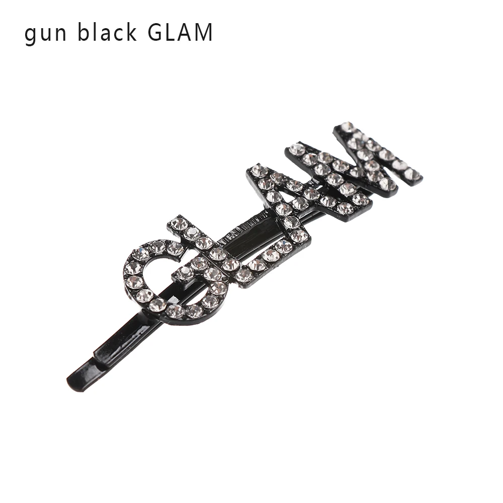 gun black GLAM 1 шт. Горячая Мода письмо шпилька уникальные яркие стразы кристаллы заколки для волос слова заколка женские аксессуары для украшений для волос - Цвет: gun black GLAM