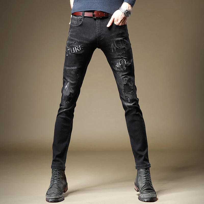 Модные черные джинсы с вышивкой мужские Стрейчевые прямые облегающие брюки