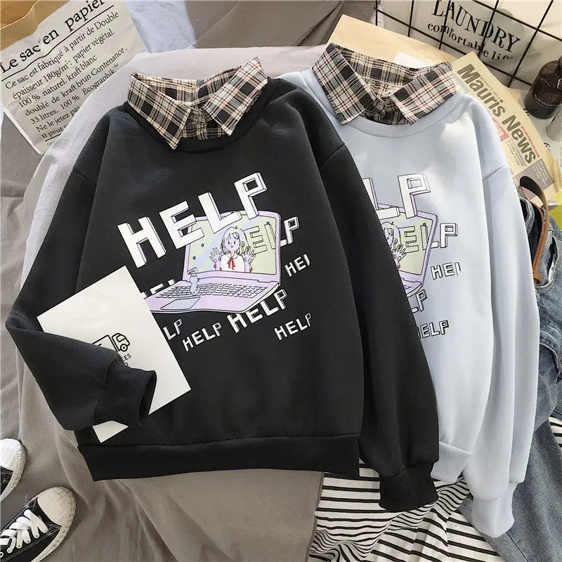 

Fake Two-Piece Sweaters Women Autumn Winter Thin Loose Pattern Printed Sweatshirt Ladies Casual Tops