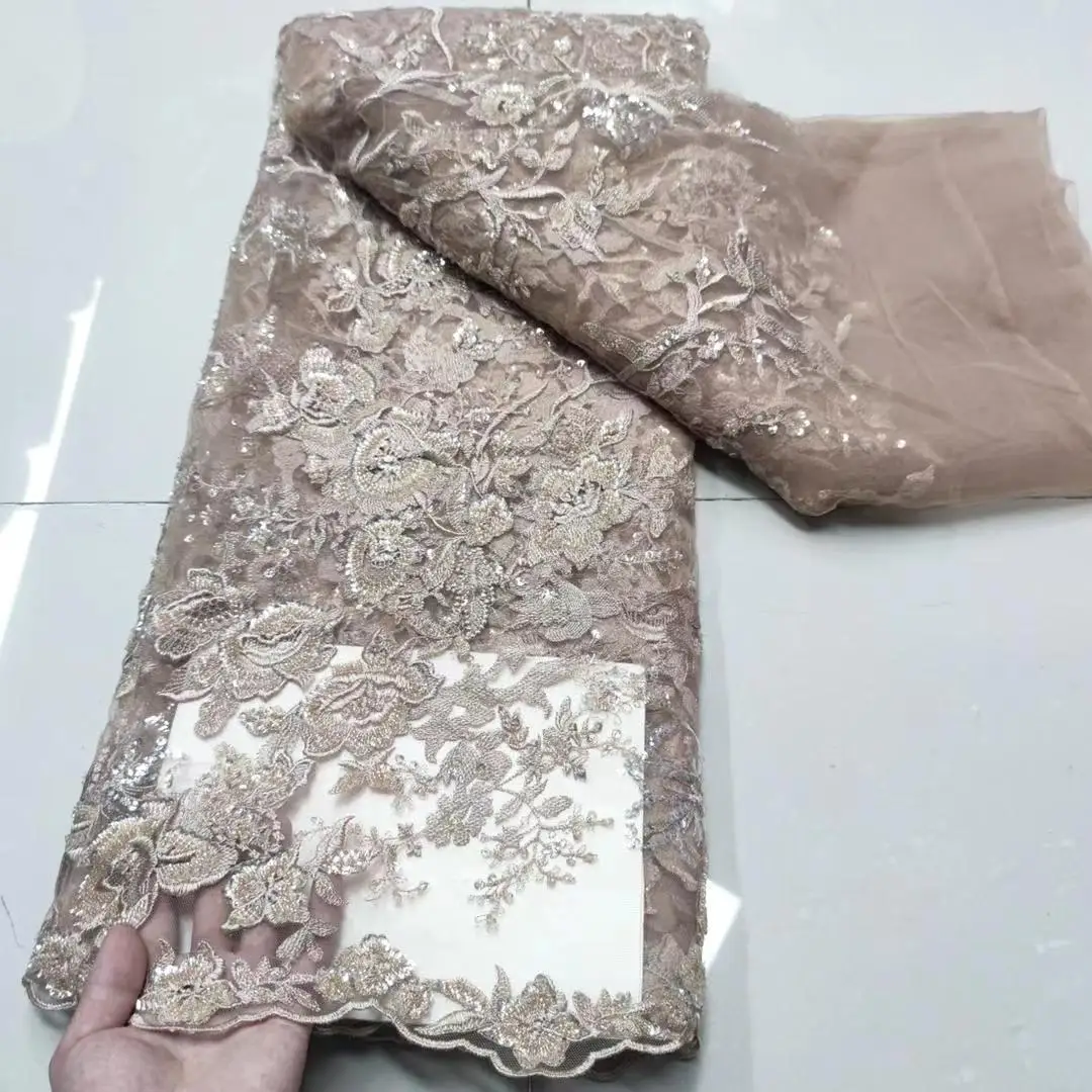 (5 yardas/pc) de alta calidad de color nude Red de encaje francoafricano tubo cuentas tul bordado tela de encaje para el vestido de boda FYY038-0