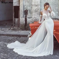 magic awn vintage off the shoulder mermaid wedding dresses long sleeves lace appliques illusion princess overskirt mariage gowns