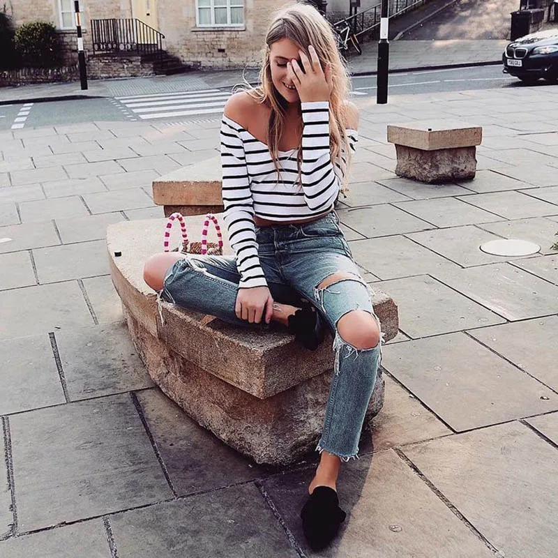 

Pop Fashion Autumn Women Sexy Crop Tops Cross Stripe Off Shoulder T-Shirt V Neck Long Sleeve Lady Casual Tee Shirts Pop 88