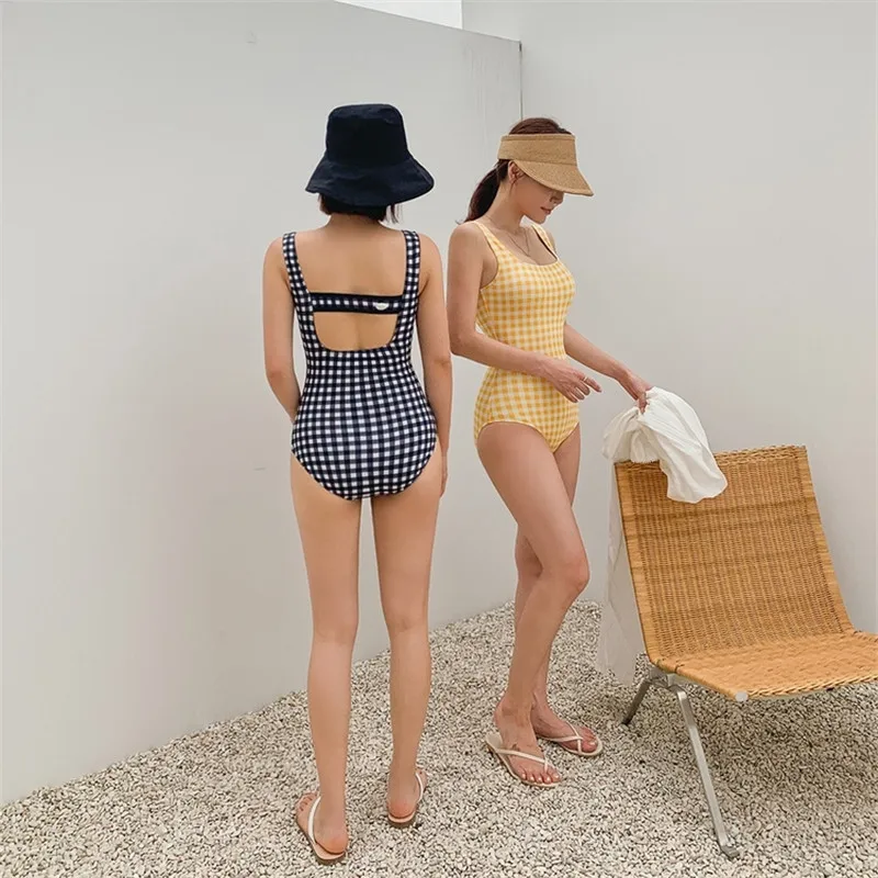 Ins style Japanese plaid one-piece swimsuit women Korean style open back small fresh swimsuit women