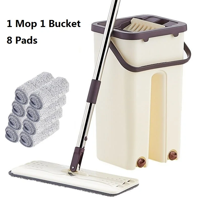 E 1 Mop 8 Pads Плоская выдавливаемая швабра и ведро, без ручного отжима, Швабра для уборки пола, влажная или сухая, волшебное автоматическое отжимание, самоочистка, ленивая Швабра - Цвет: E 1 Mop 8 Pads