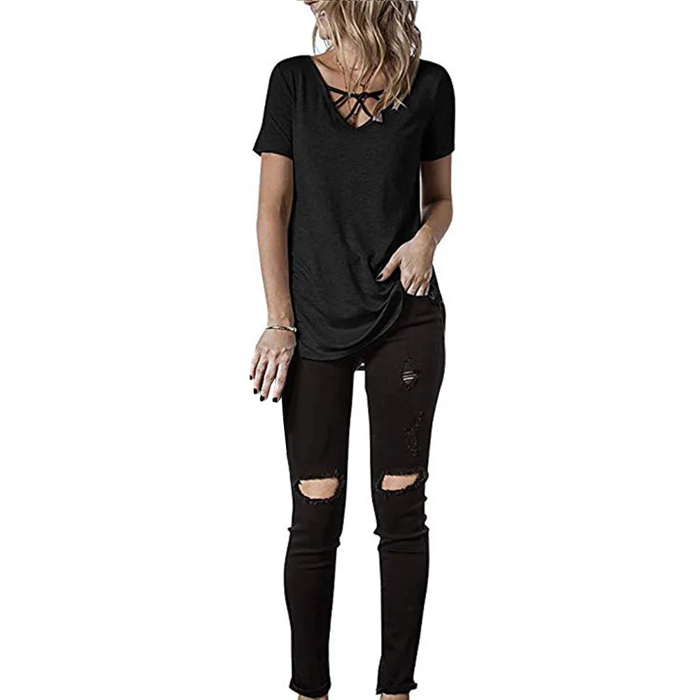 V шеи летние топы с коротким рукавом Свободные повседневные Крест-Накрест