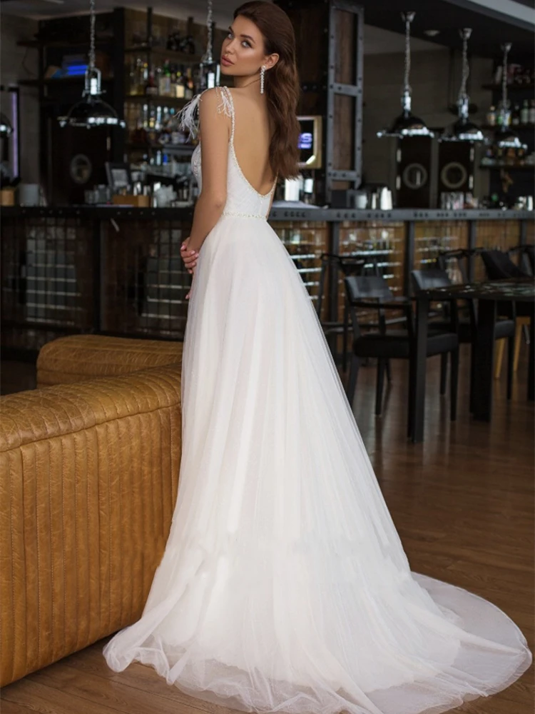 

Tulle Wedding Dresses 2022 With Slit V Neck Bridal Dresses For Women Custom Made Sleeveless Backless Robe De Soirée De Mariage