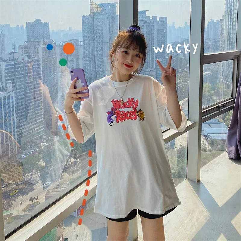 

Cartoon Print Retro Loose T-shirt Women's T-shirts Tops Japanese Kawaii Ladies Ulzzang Female Korean Harajuku Clothes for Women