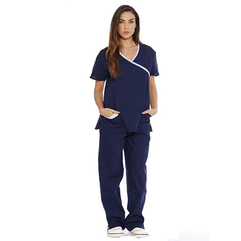 dark blue SET Новые медицинские скрабы с коротким рукавом Макет Обертывание Скраб Enfermagem без морщин боковое отверстие униформа медсестры топ+ брюки санитара - Цвет: dark blue SET