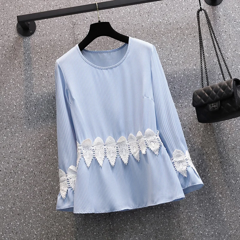 

Willstage 2021 Весенняя блуза 4XL размера плюс полоску для девочек, модный стиль, блузы с длинными рукавами больших размеров размеры кружевные лоск...