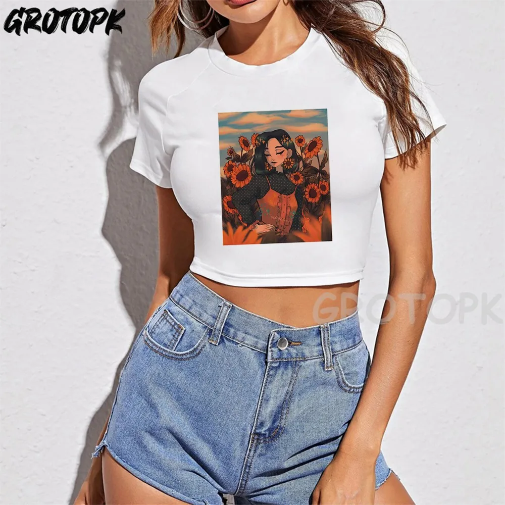 

Women Sunflower Floral Printed T Shirt Women Summer Crop Tops Short Sleeve T-shirt Korean Fashion Streetwear Vogue Crop T-shirt