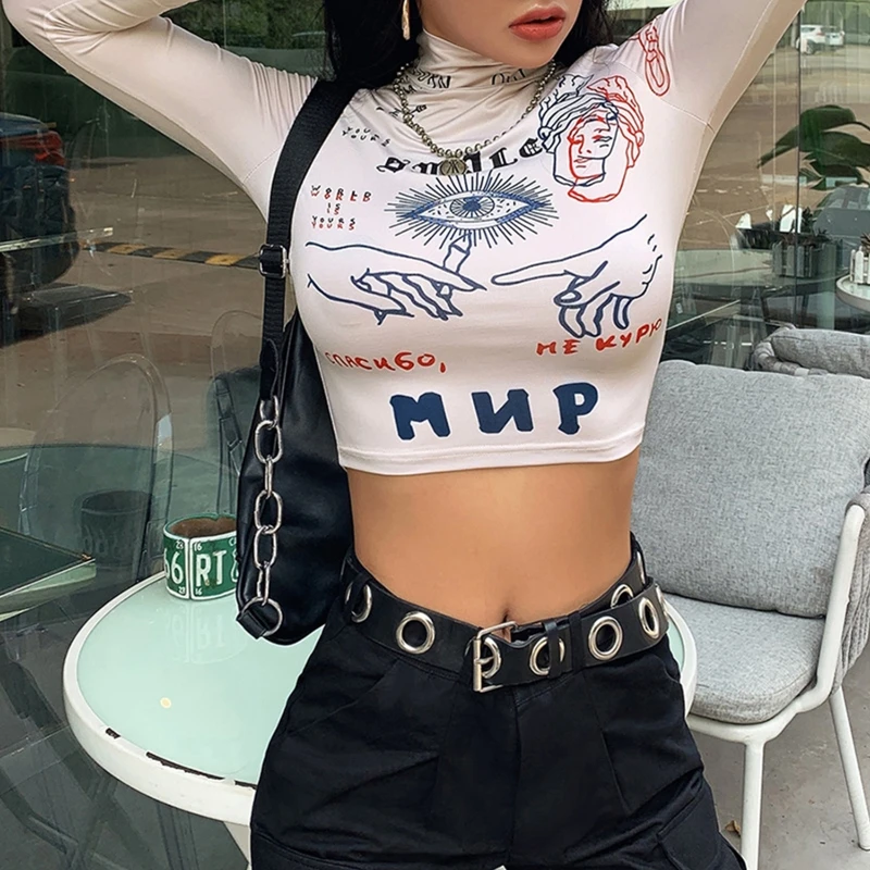 

Women Color Block Long Sleeve T-Shirt Harajuku Graffiti Letters Print Aesthetic Graphic Crop Top Turtleneck Bodycon Sexy