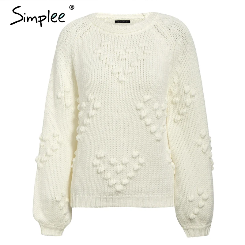 Simplee Pink hairball autumn winter sweaters ladies O neck long sleeve casual pullover New fashion loose knitted jumper - Цвет: Белый