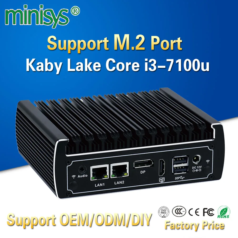 Мини-ПК Minisys, безвентиляторный, 4 K, intel core, i3-7100u, dual lan, windows 10, net, игровой настольный компьютер, карманный компьютер, поддержка 8 Гб ram, 64 ГБ ssd