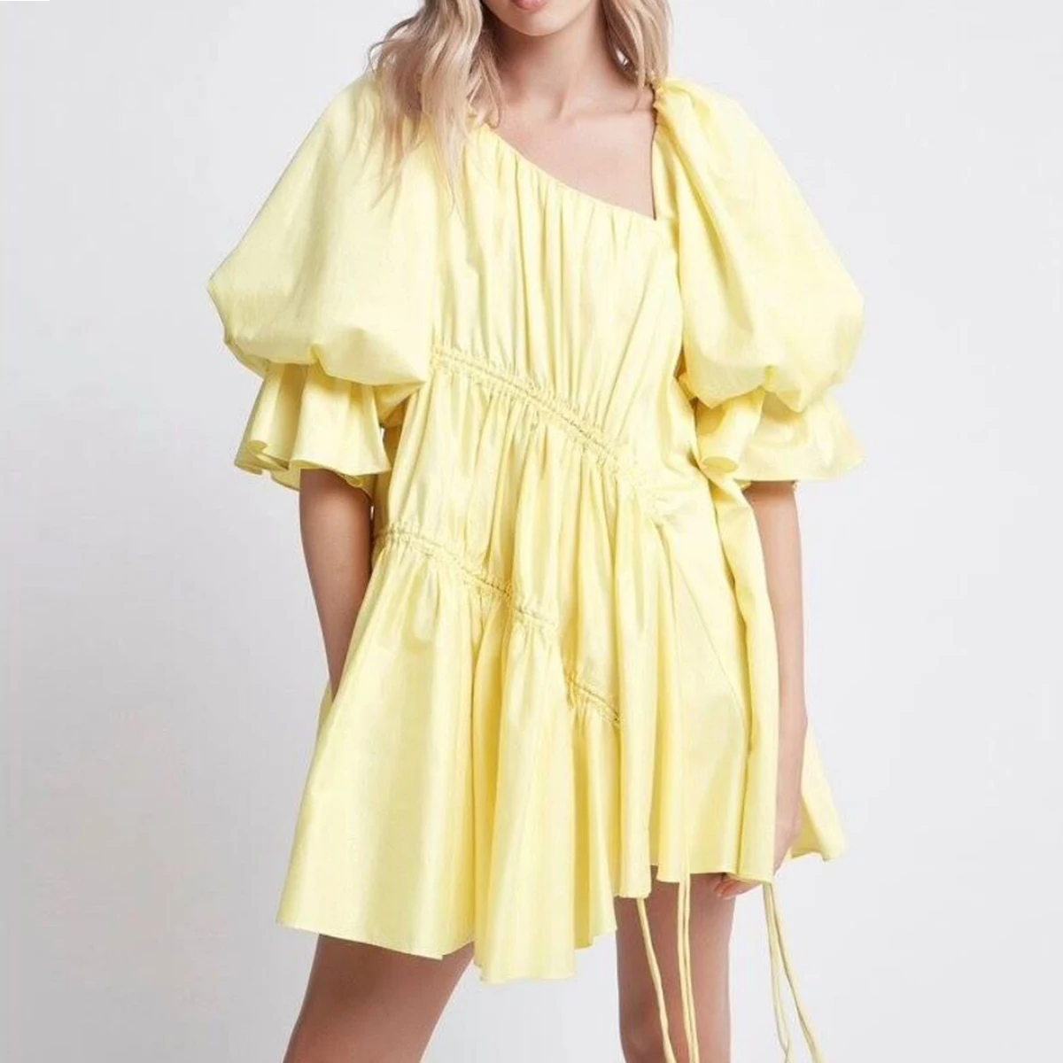 

Jastie 2022 Women Summer Dresses Puff Sleeves Diagonal Collar Drawstring Loose Dress Fashion Prom Beach Party Mini Dress Yellow