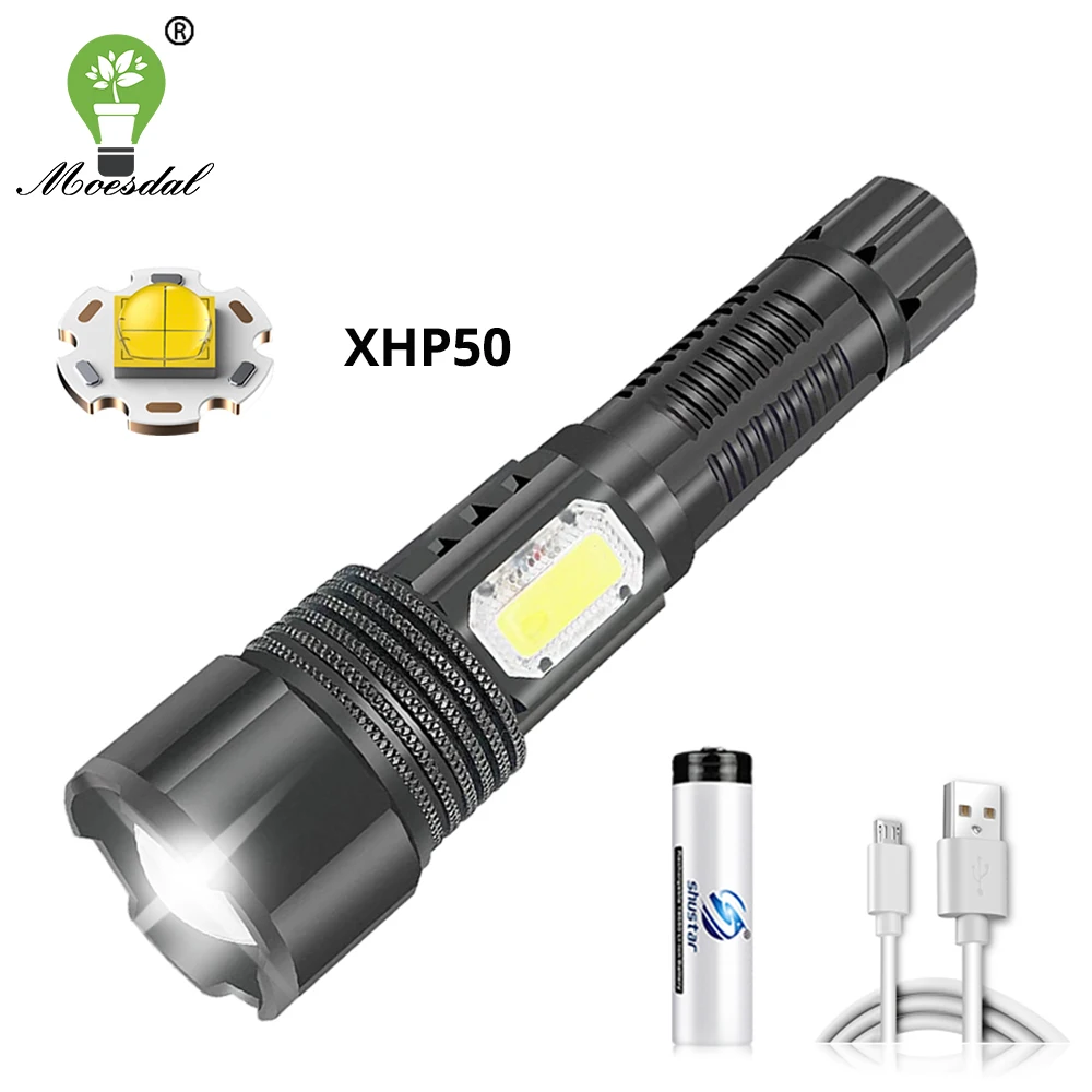 

LED Flashlight Super Bright Torch XHP 50+COB Aluminum Alloy Telescopic Focusing and Waterproof Power Display Outdoor Flashlight