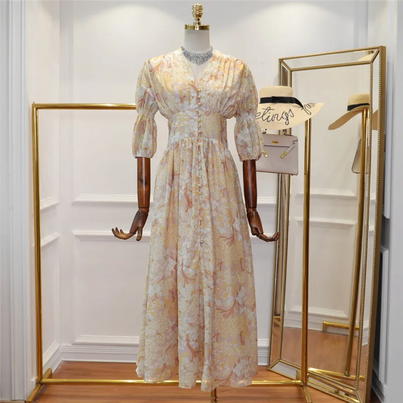 Женское платье макси на пуговицах Длинное Элегантное с V образным вырезом