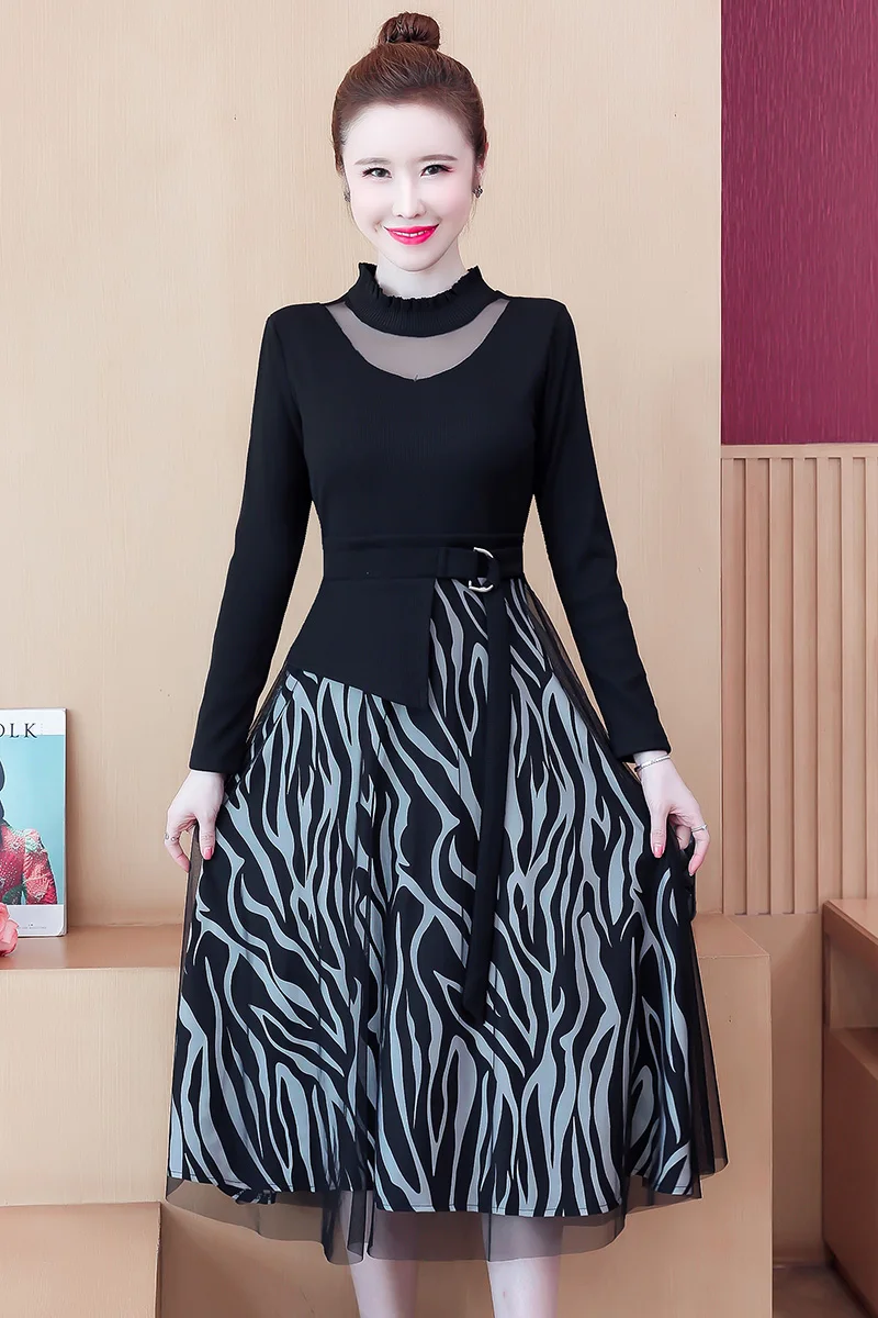 

COIGARSAM 5XL Plus Size Patchwork Women one-piece dress korean Print Mesh High Waist Dresses 6350