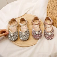 fashion new cute blingbling rhinestone baby kids shoes spring sweet elegant pearl butterfly knot pu leather shoe teen girls shoe