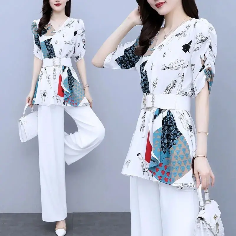 

2022 Summer Suit Female Fashion Chiffon Slim Patchwork Print Wide Leg Pants +V-Neck Short Sleeve OfficeHas a beltTwo Piece Set2