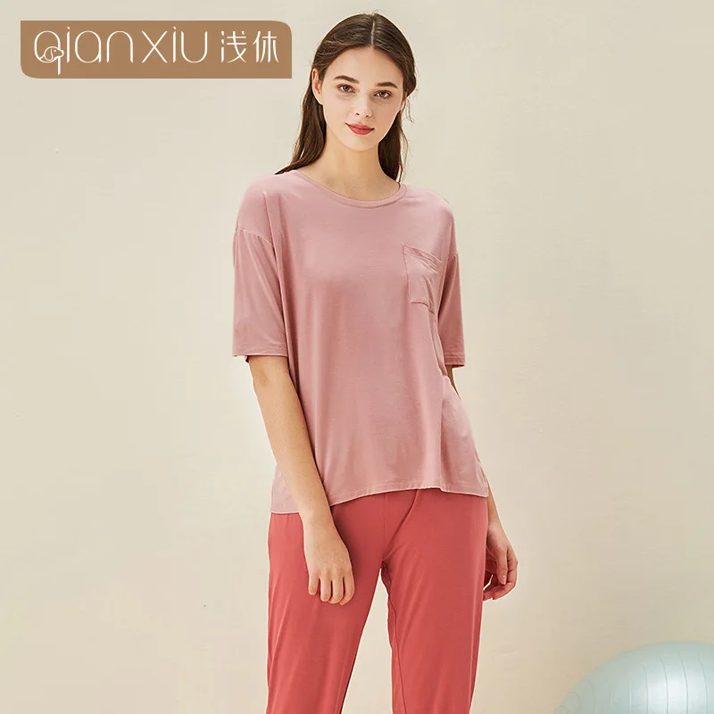 

New products in spring and summer of 2021 women's short sleeve trousers pajamas bamboo fiber lovers home suit pajamas women