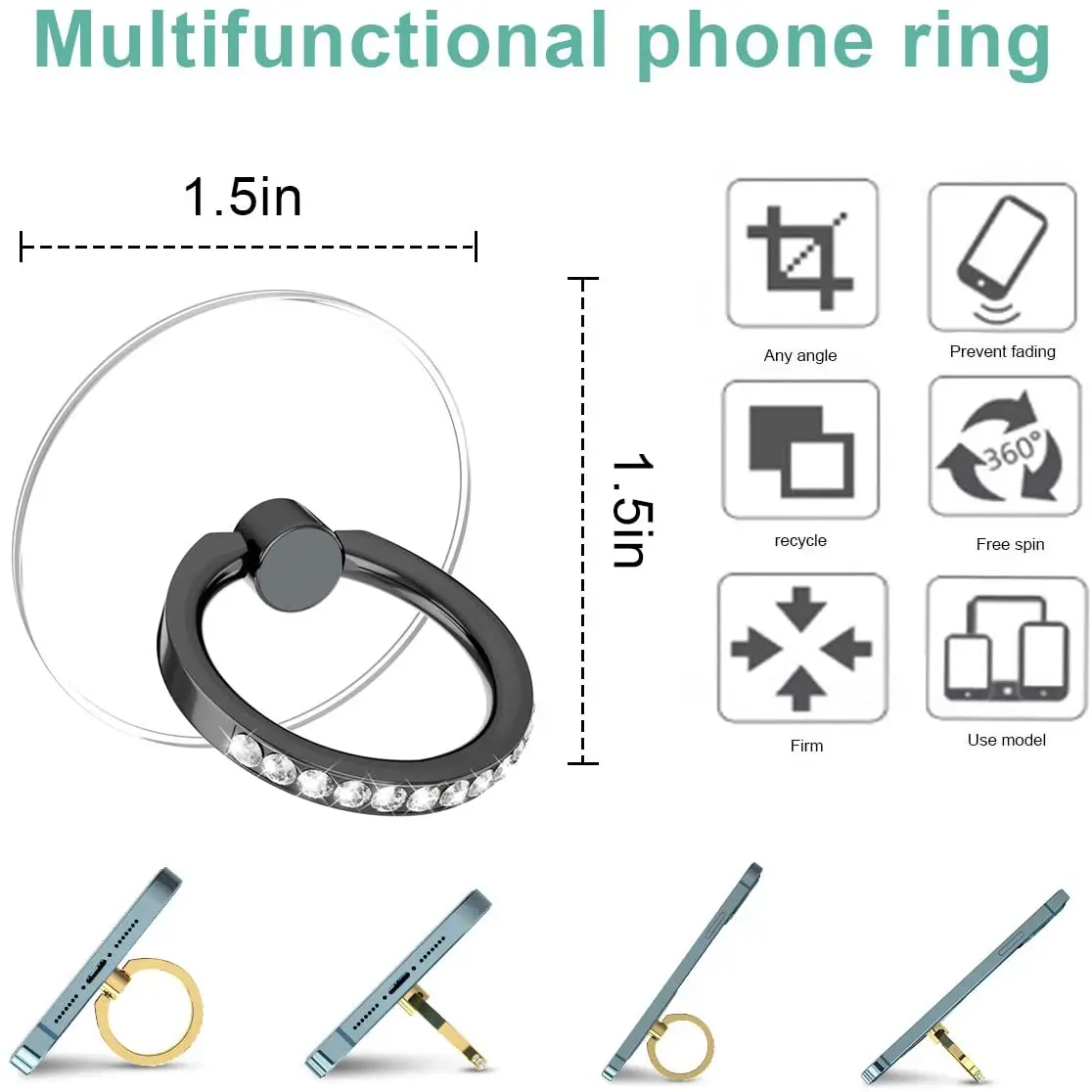 Diamond Cell Phone Ring Holder Stand Transparent Finger Grip Clear 360° Degree Rotation Kickstand Compatible iPhones | Мобильные